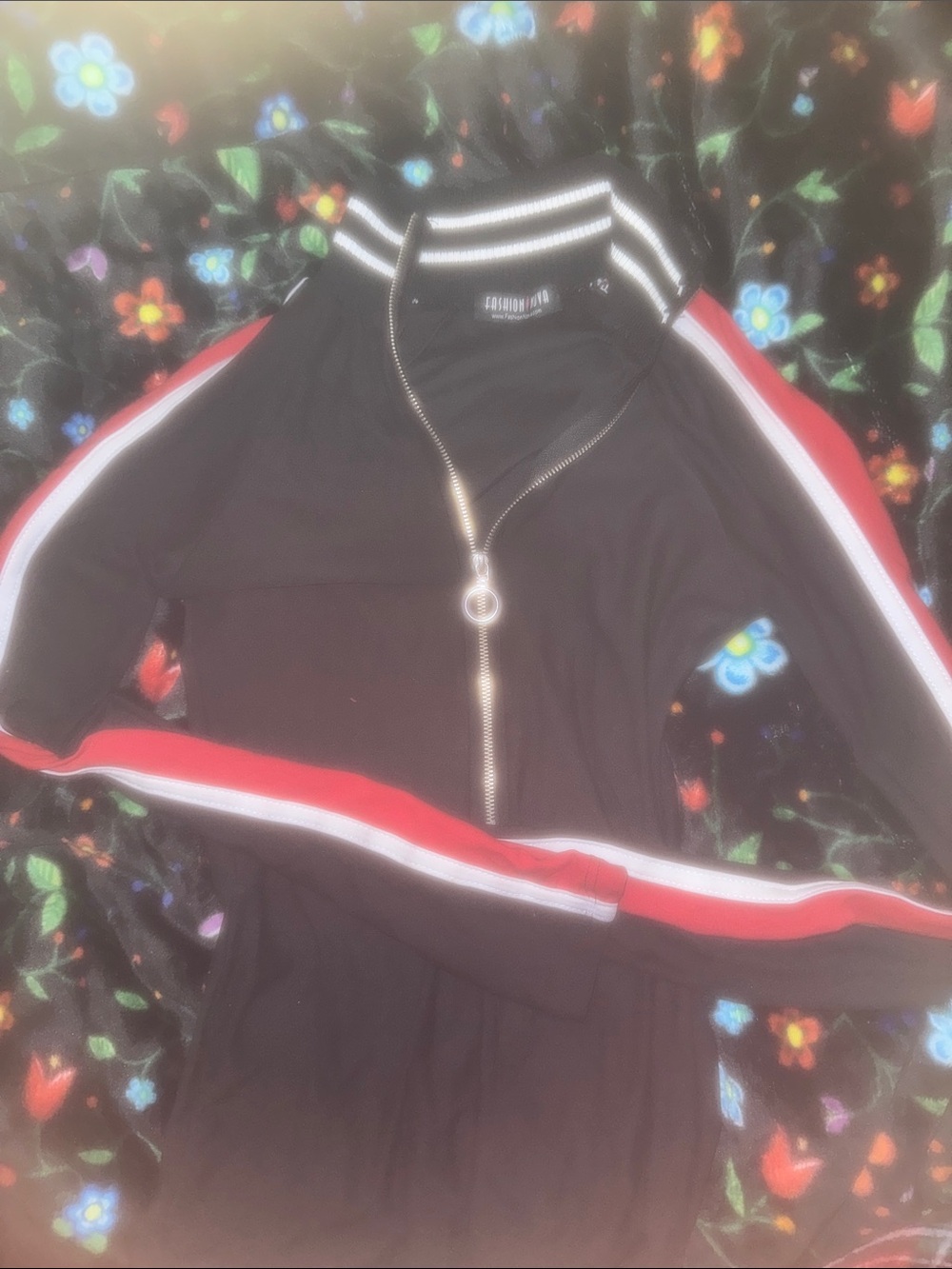 Fashion Nova Black Zip-Front Jumpsuit with Red & White Sleeve Stripes